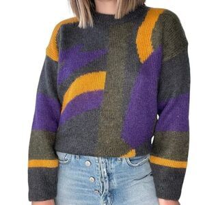 Vintage 1980s Womens Mohair Blend Fluffy Geometric Purple Yellow Ugly Sweater
